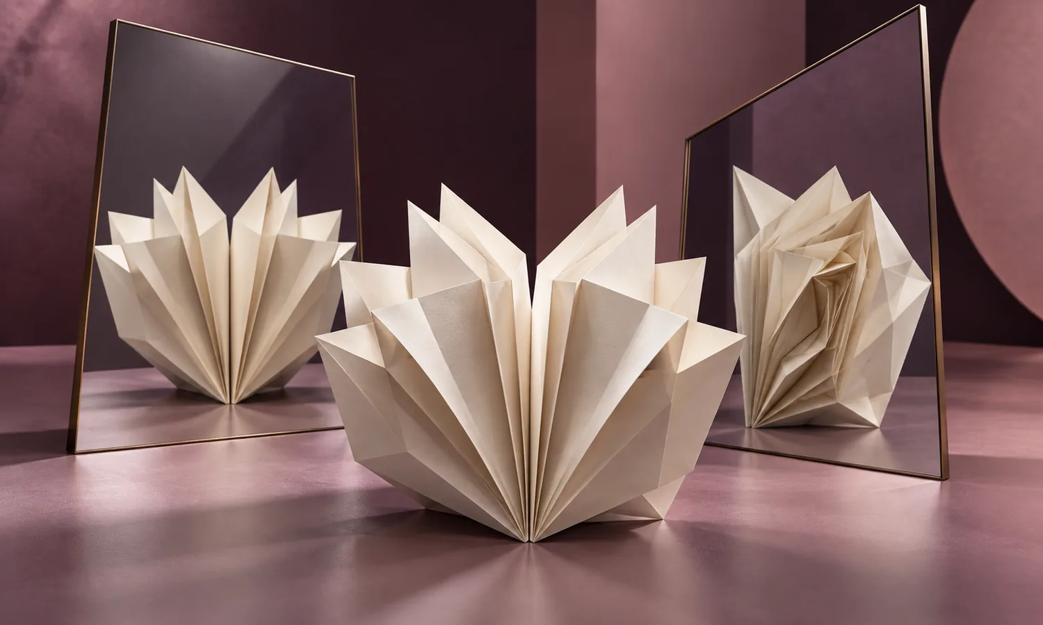 Uma escultura de papel vista de diferentes ângulos em dois espelhos