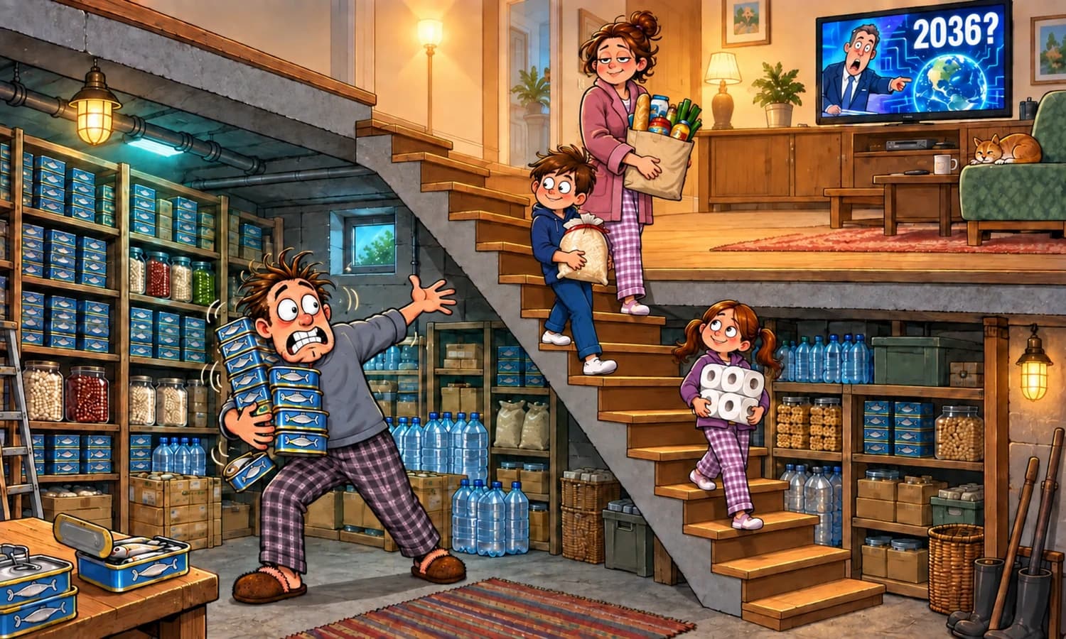 Cartoon of an anxious father stocking a basement with sardines while his family brings supplies and the television displays 2036?