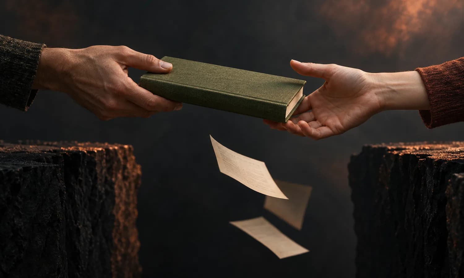Duas mãos passam um livro enquanto algumas folhas escapam