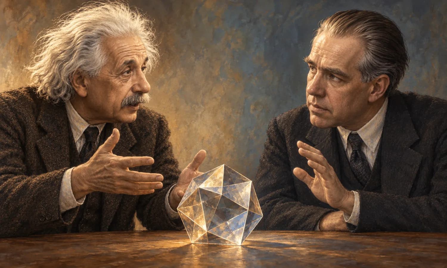 Illustration of Einstein and Bohr examining the same geometric object from different perspectives