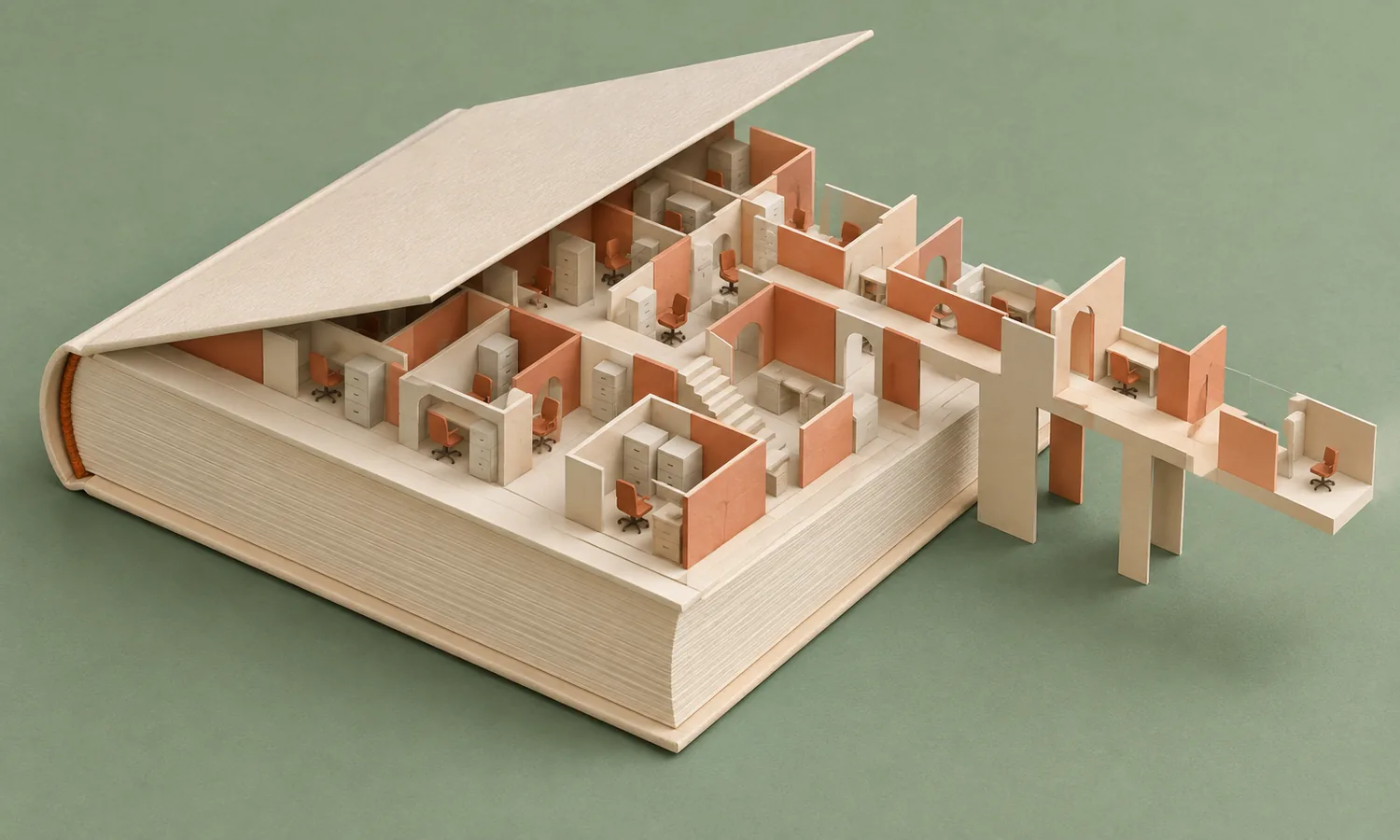 Escritórios em miniatura se expandindo para além das páginas de um livro