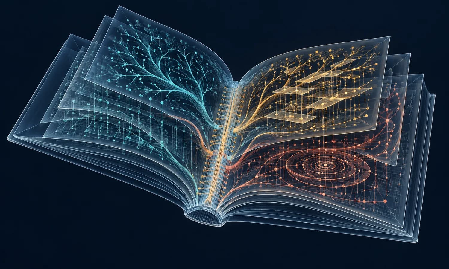 Livro translúcido com redes coloridas interligadas entre suas páginas