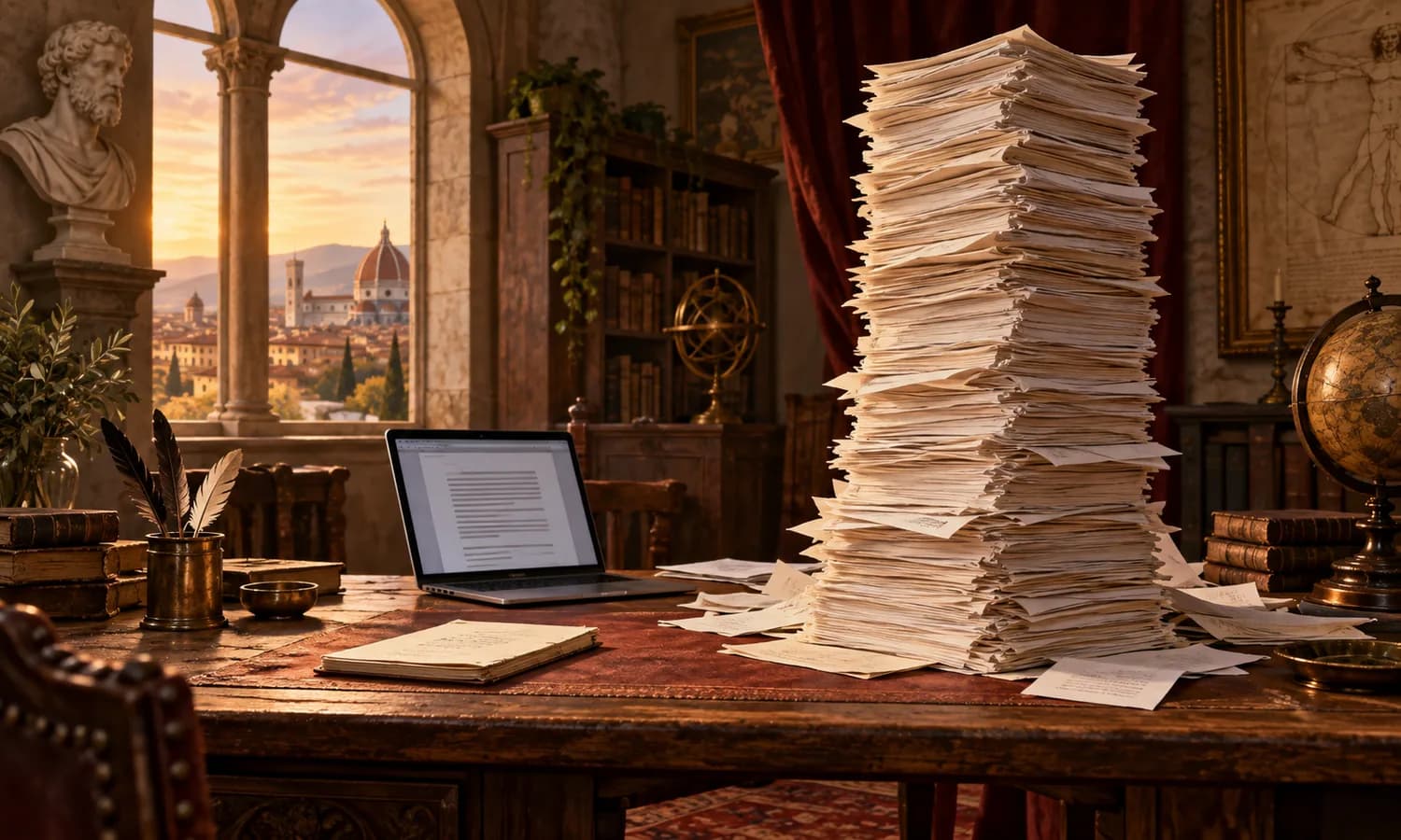 Um manuscrito compacto ao lado de uma torre de páginas em um escritório