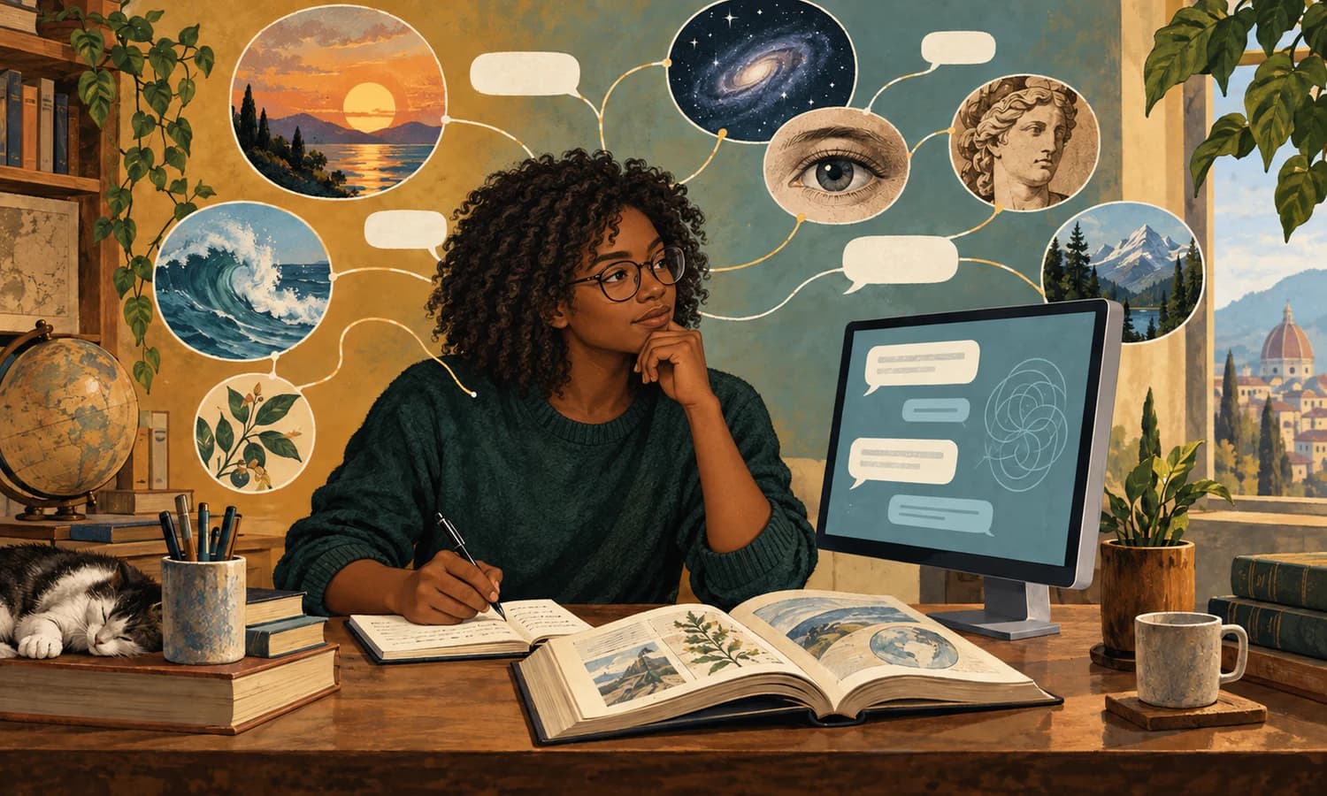 Ilustração de uma jovem negra de óculos tomando notas junto a livros e uma conversa com IA, com conexões entre diferentes campos do conhecimento