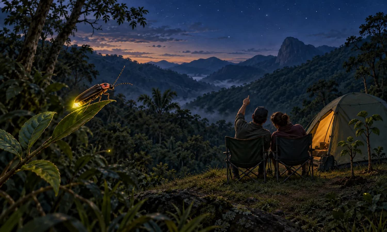 Illustration of a glowing firefly and a couple beside a tent overlooking forested mountains at dusk