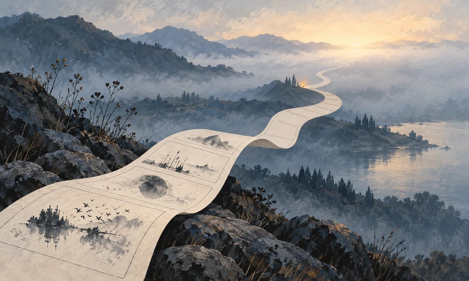 Faixa de cenas ilustradas se transformando em um caminho que desaparece na neblina