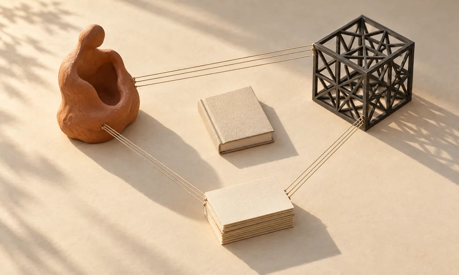 Forma de terracota, cubo geométrico e documentos conectados por fios ao redor de um livro