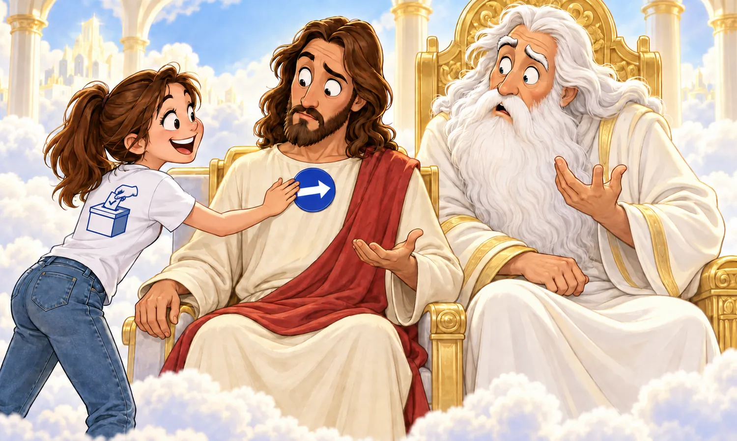 Cartoon of a girl wearing an election-themed shirt placing an arrow sticker on Jesus’s chest as he and God look puzzled