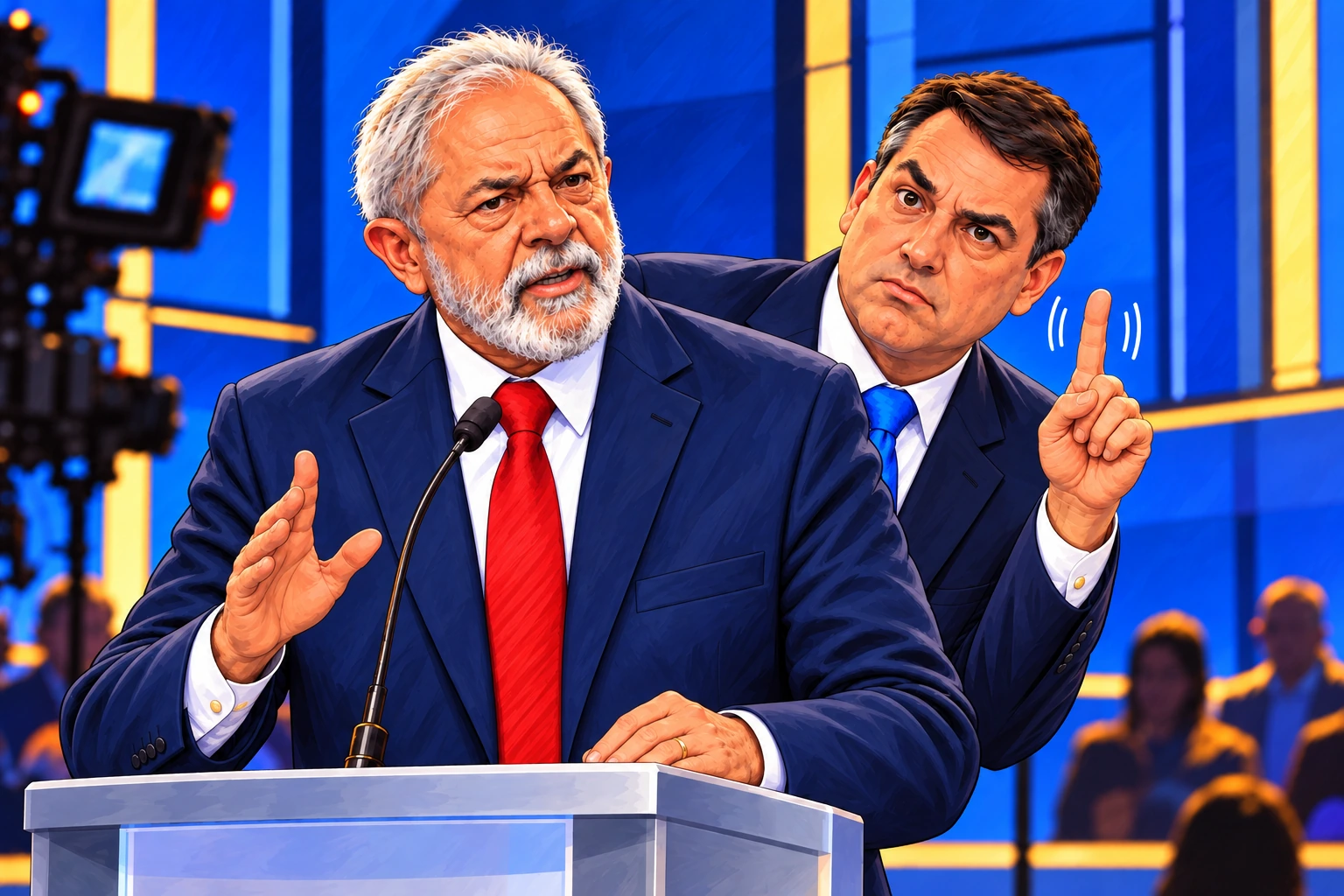 Ilustração editorial de Lula falando aos telespectadores com expressão de incômodo, enquanto Flávio Bolsonaro faz mímica por trás e balança o indicador para a câmera em sinal de contestação.