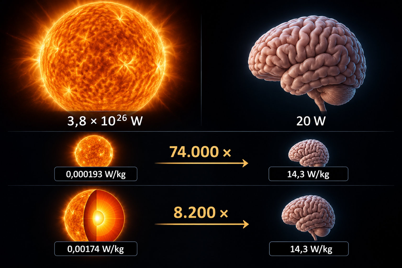 Três faixas com o Sol à esquerda e o cérebro à direita: potência total e duas comparações por massa, com setas e razões numéricas.