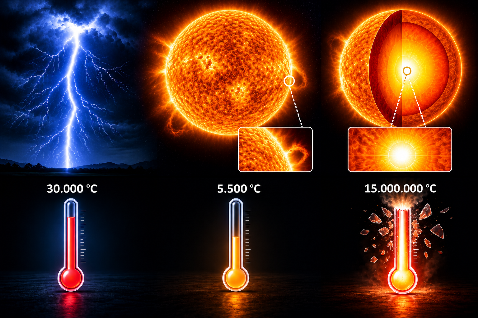 Relâmpago, superfície do Sol e núcleo solar lado a lado, acima de três termômetros ilustrativos.
