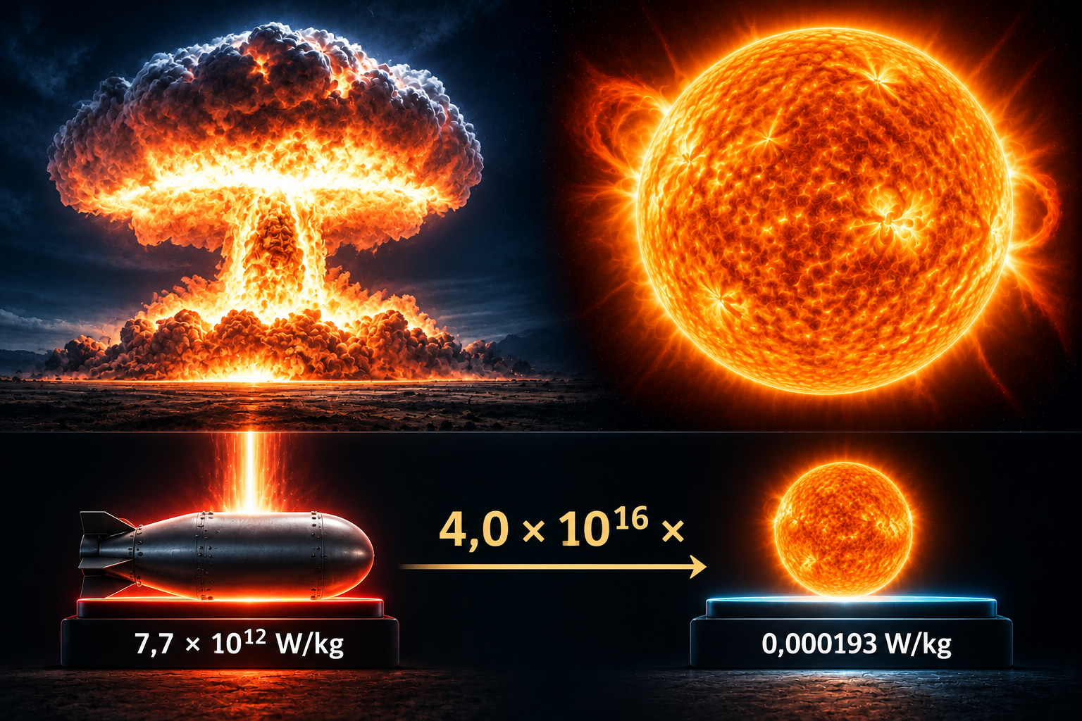 Explosão termonuclear e Sol; abaixo, uma bomba e um Sol menor, com valores de potência por massa e uma seta de comparação.