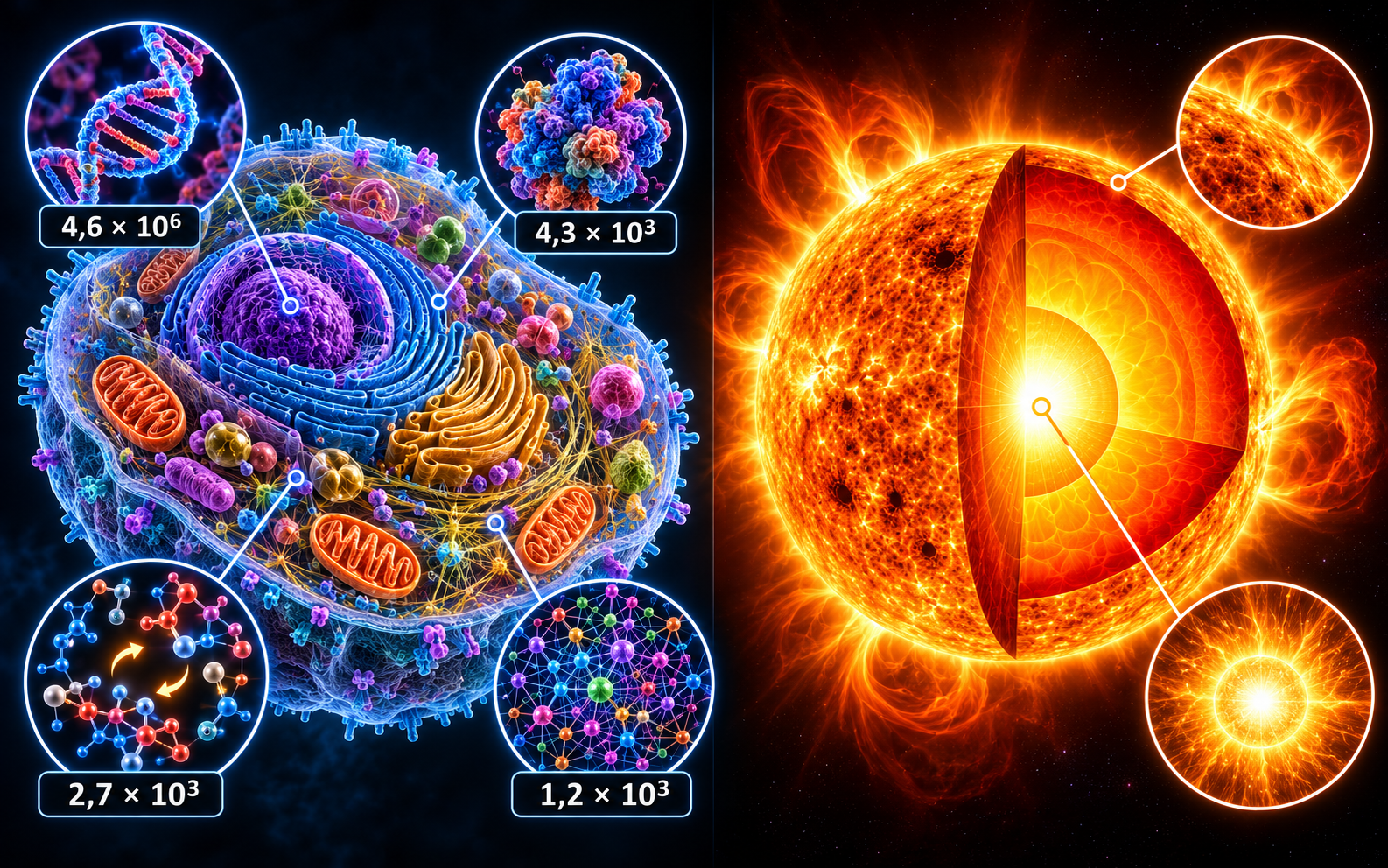 Célula esquemática com ampliações de DNA, proteínas e redes moleculares, ao lado da estrutura do Sol.