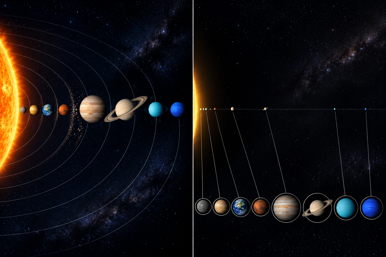 Dois painéis do Sistema Solar: planetas grandes e próximos à esquerda; pontos distantes com ampliações de identificação à direita.