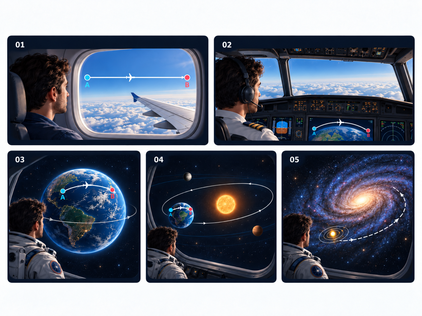 Cinco quadros numerados mostram passageiro, piloto, Terra, órbita solar e Via Láctea; A e B marcam a mesma viagem.