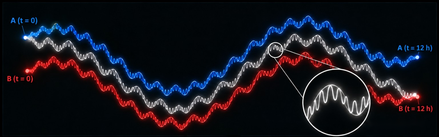 Três rastros ondulados em azul, vermelho e branco, com uma ampliação circular de parte do rastro branco.