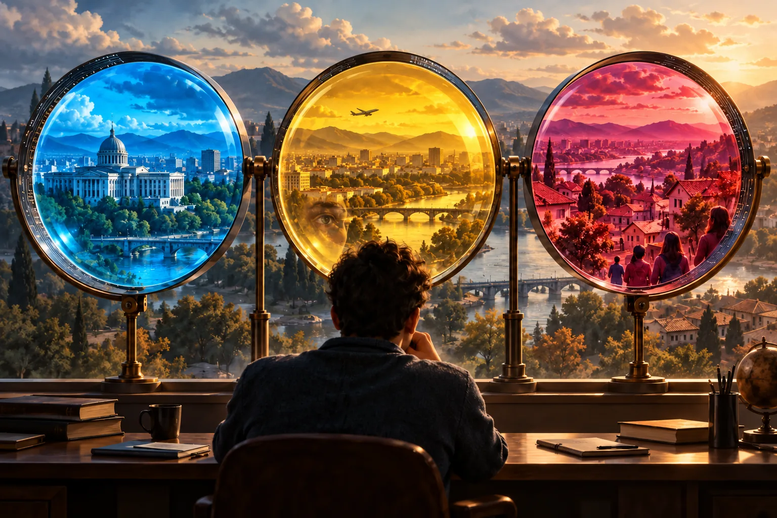 Pessoa observa uma paisagem através de três lentes com filtros azul, amarelo e vermelho, que destacam diferentes aspectos da mesma cena; um olho refletido no vidro remete também à perspectiva de quem observa.